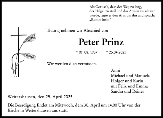 Traueranzeige von Peter Prinz von Hinterländer Anzeiger