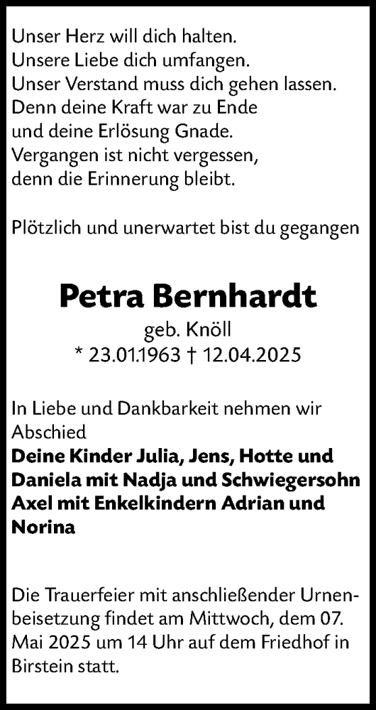 Traueranzeige von Petra Bernhardt von Darmstädter Echo