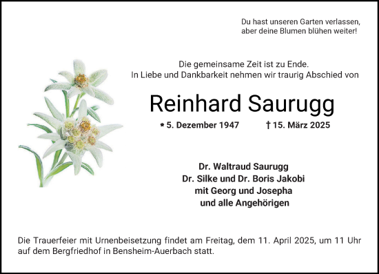 Traueranzeige von Reinhard Saurugg von Starkenburger Echo