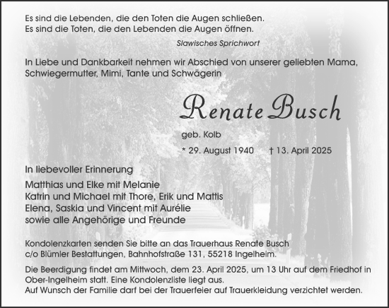 Traueranzeige von Renate Busch von Allgemeine Zeitung Rheinhessen-Nahe