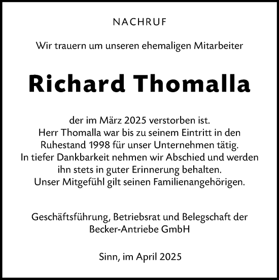 Traueranzeige von Richard Thomalla von Dill Block