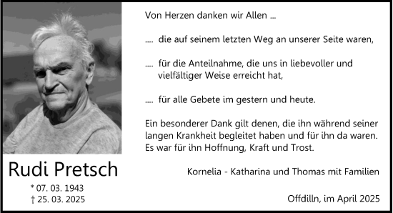 Traueranzeige von Rudi Pretsch von Dill Block
