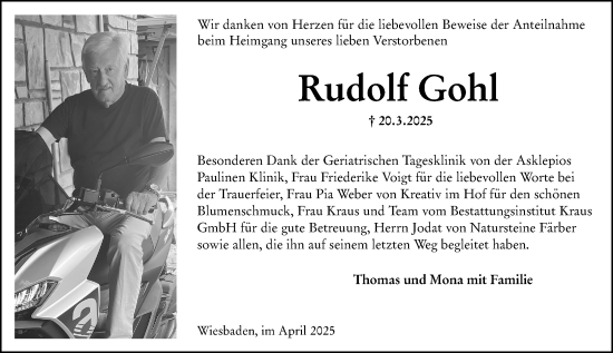 Traueranzeige von Rudolf Gohl von Wiesbadener Kurier