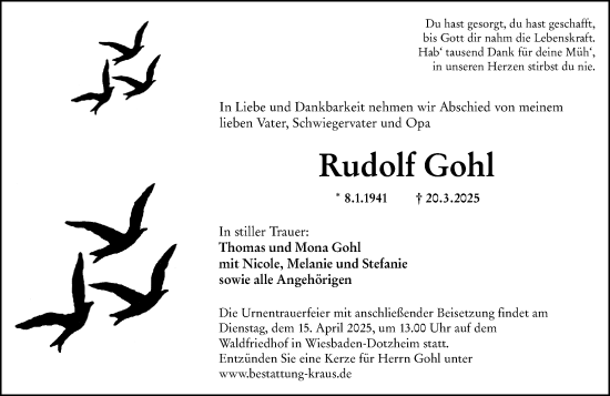 Traueranzeige von Rudolf Gohl von Wiesbadener Kurier
