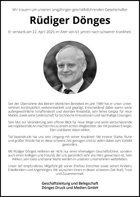 Traueranzeige von Rüdiger Dönges von Dill Block