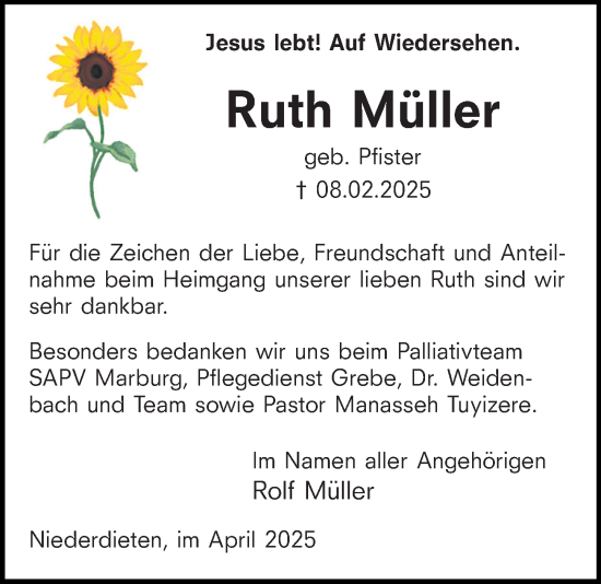 Traueranzeige von Ruth Müller von Hinterländer Anzeiger