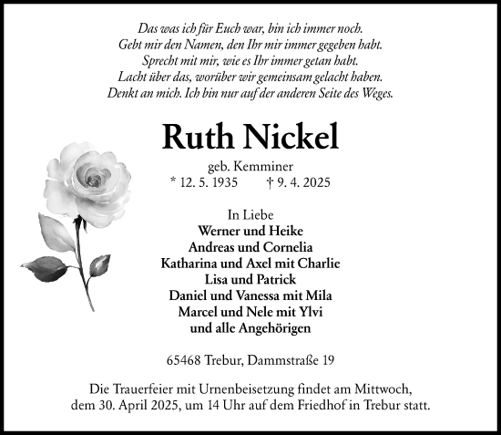 Traueranzeige von Ruth Nickel von Rüsselsheimer Echo