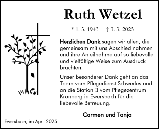Traueranzeige von Ruth Wetzel von Dill Block