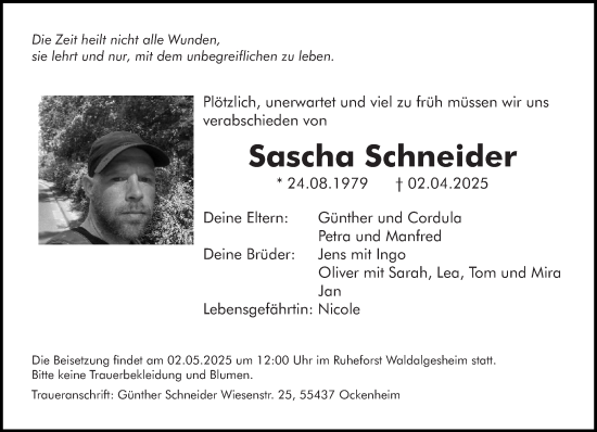 Traueranzeige von Sascha Schneider von Allgemeine Zeitung Rheinhessen-Nahe
