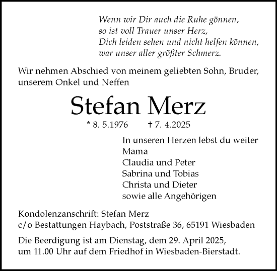 Traueranzeige von Stefan Merz von Wiesbadener Kurier