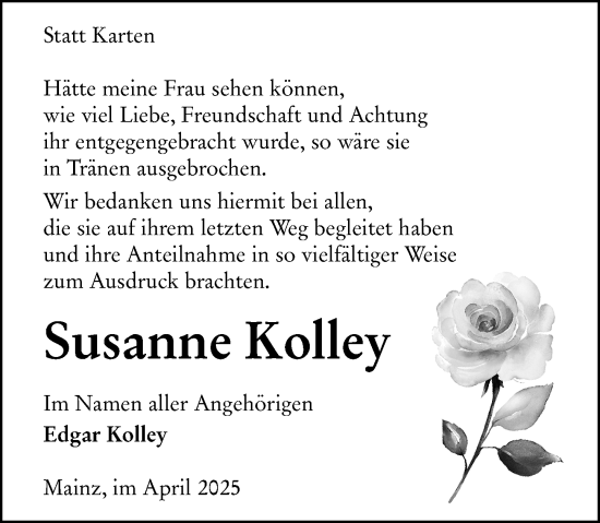 Traueranzeige von Susanne Kolley von Allgemeine Zeitung Mainz