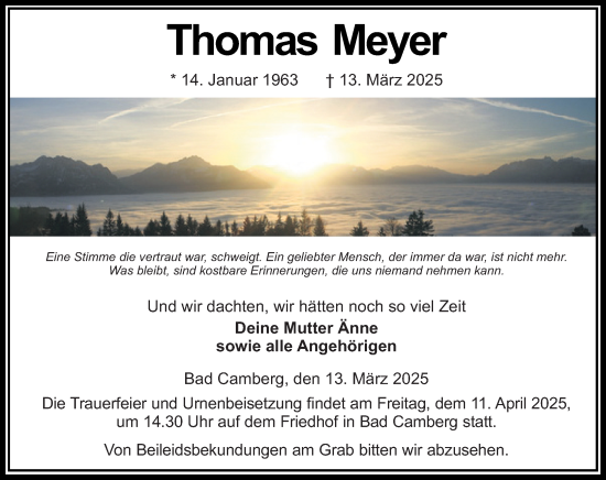 Traueranzeige von Thomas Meyer von Camberger Anzeiger