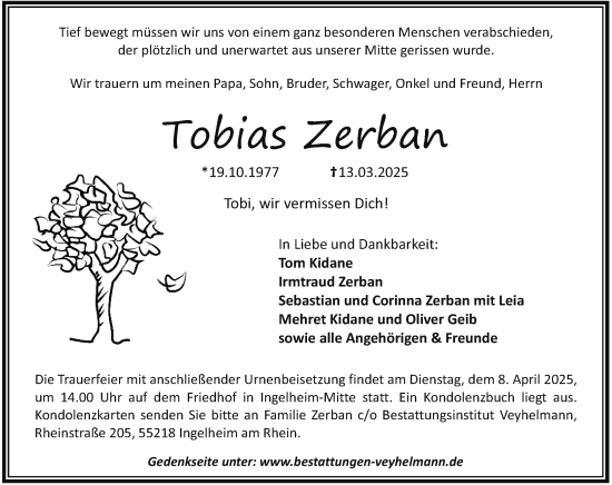 Traueranzeige von Tobias Zerban von Allgemeine Zeitung Rheinhessen-Nahe