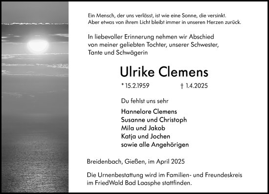 Traueranzeige von Ulrike Clemens von Hinterländer Anzeiger