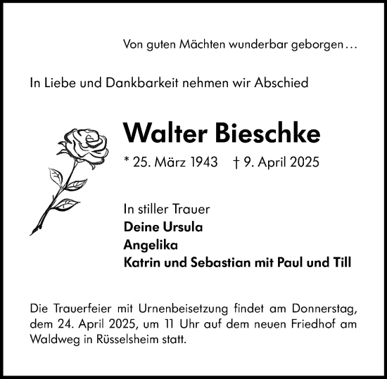 Traueranzeige von Walter Bieschke von Rüsselsheimer Echo