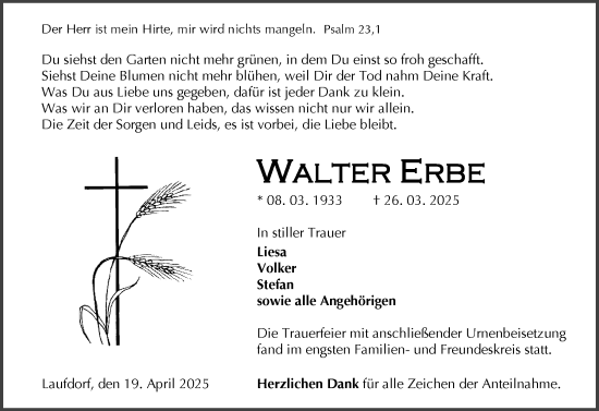 Traueranzeige von Walter Erbe von Wetzlarer Neue Zeitung