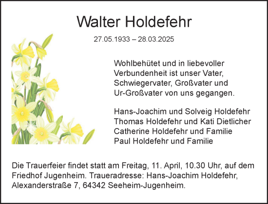 Traueranzeige von Walter Holdefehr von Wormser Zeitung