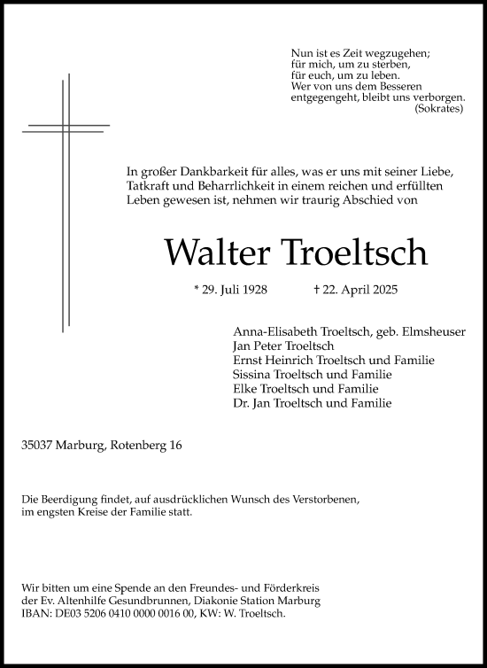 Traueranzeige von Walter Troeltsch von Hinterländer Anzeiger