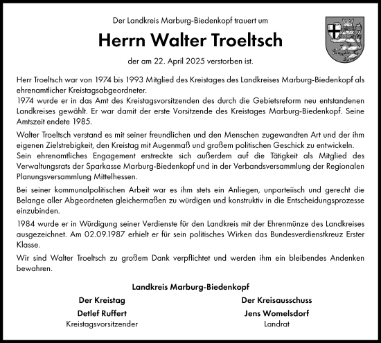 Traueranzeige von Walter Troeltsch von Hinterländer Anzeiger