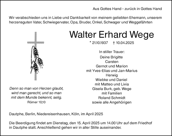 Traueranzeige von Walter Erhard Wege von Hinterländer Anzeiger