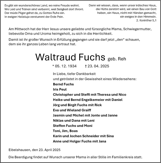Traueranzeige von Waltraud Fuchs von Dill Block