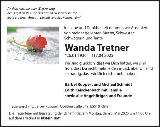 Traueranzeige von Wanda Tretner von Idsteiner Land/Untertaunus