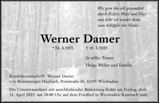 Traueranzeige von Werner Damer von Wiesbadener Kurier