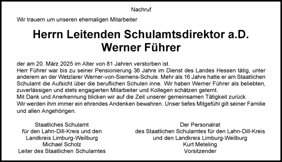 Traueranzeige von Werner Führer von Nassauische Neue Presse