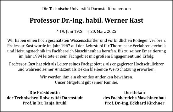 Traueranzeige von Werner Kast von Darmstädter Echo