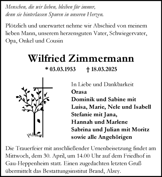 Traueranzeige von Wilfried Zimmermann von Allgemeine Zeitung Alzey