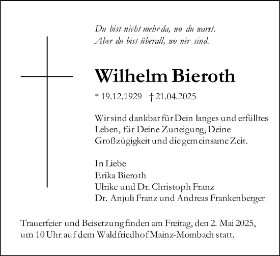 Traueranzeige von Wilhelm Bieroth von Allgemeine Zeitung Mainz