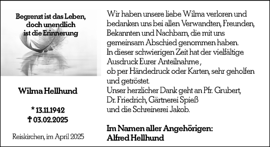 Traueranzeige von Wilma Hellhund von Wetzlarer Neue Zeitung