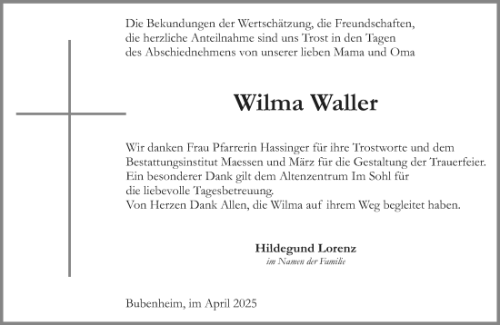 Traueranzeige von Wilma Waller von Allgemeine Zeitung Rheinhessen-Nahe