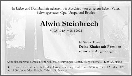 Traueranzeige von Alwin Steinbrech von Allgemeine Zeitung Mainz