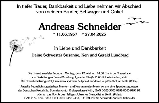 Traueranzeige von Andreas Schneider von Wiesbadener Kurier