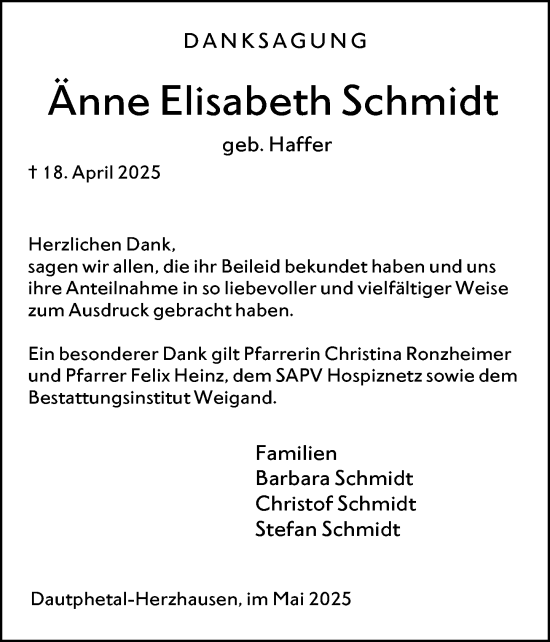 Traueranzeige von Anne Elisabeth Schmidt von Hinterländer Anzeiger