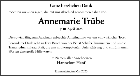 Traueranzeige von Annemarie Trübe von Wiesbadener Kurier