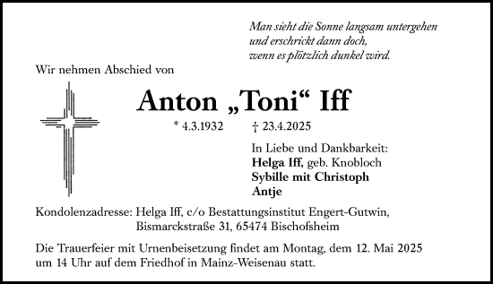 Traueranzeige von Anton Iff von Allgemeine Zeitung Mainz