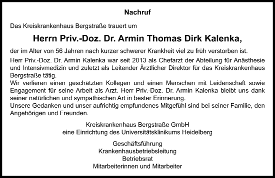 Traueranzeige von Armin Thomas Dirk Kalenka von Starkenburger Echo