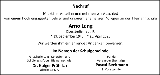 Traueranzeige von Arno Lang von Nassauische Neue Presse