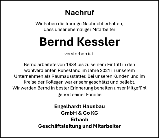 Traueranzeige von Bernd Kessler von Odenwälder Echo