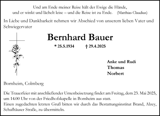 Traueranzeige von Bernhard Bauer von Allgemeine Zeitung Alzey
