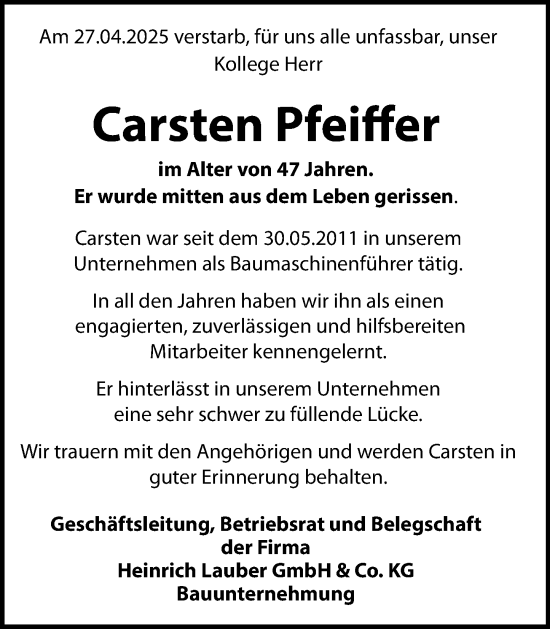 Traueranzeige von Carsten Pfeiffer von Dill Block
