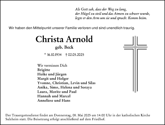 Traueranzeige von Christa Arnold von Allgemeine Zeitung Alzey