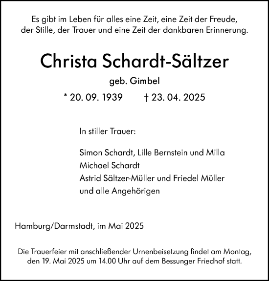 Traueranzeige von Christa Schardt-Sältzer von Darmstädter Echo