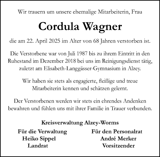 Traueranzeige von Cordula Wagner von Allgemeine Zeitung Alzey