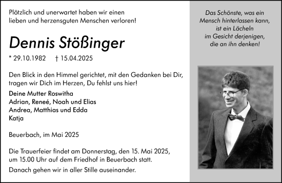 Traueranzeige von Dennis Stößinger von Camberger Anzeiger