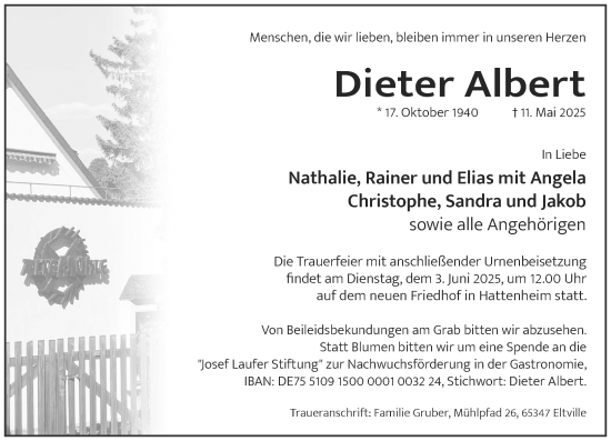 Traueranzeige von Dieter Albert von Rheingau Kurier