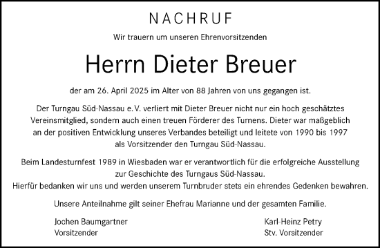 Traueranzeige von Dieter Breuer von Wiesbadener Kurier