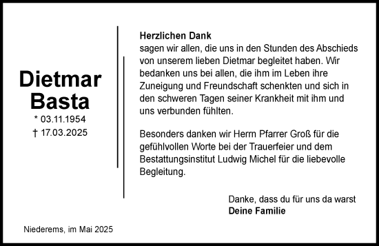 Traueranzeige von Dietmar Basta von Camberger Anzeiger
